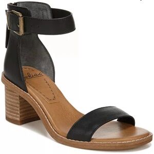 Two inch block heel, black strapped sandal